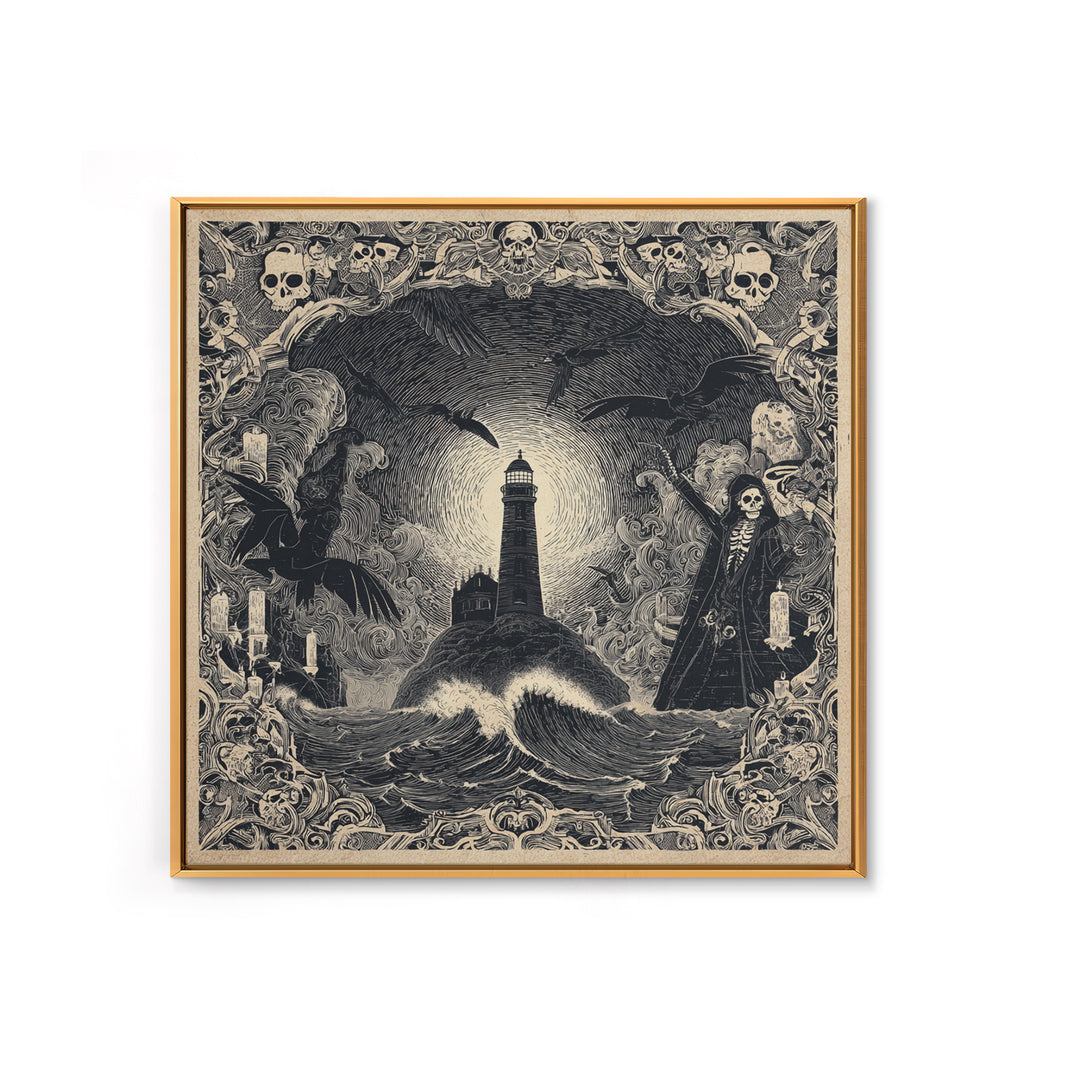 The Cursed Lighthouse, Macabre Folk Print Art, Square Wall Art, Gothic Horror Wall Art, Framed Canvas Print, Halloween Wall Art