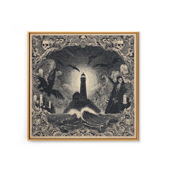 The Cursed Lighthouse, Macabre Folk Print Art, Square Wall Art, Gothic Horror Wall Art, Framed Canvas Print, Halloween Wall Art