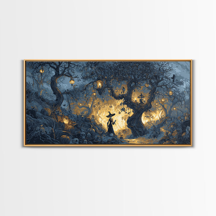 The Witch'S Forest, Macabre Folk Print Art, Wide Panoramic Art, Macabre Wall Art, Canvas Print, Halloween Wall Art
