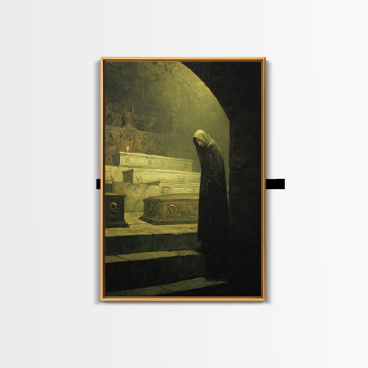 The Forgotten Crypt, Symbolist Etching Art, Vertical Wall Art, Dark Fantasy Wall Art, Framed Canvas Print, Halloween Wall Art