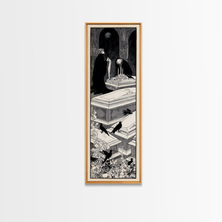 The Forgotten Crypt, Decadent Line Art, Tall Narrow Wall Art, Gothic Horror Wall Art, Framed Canvas Print, Halloween Wall Art