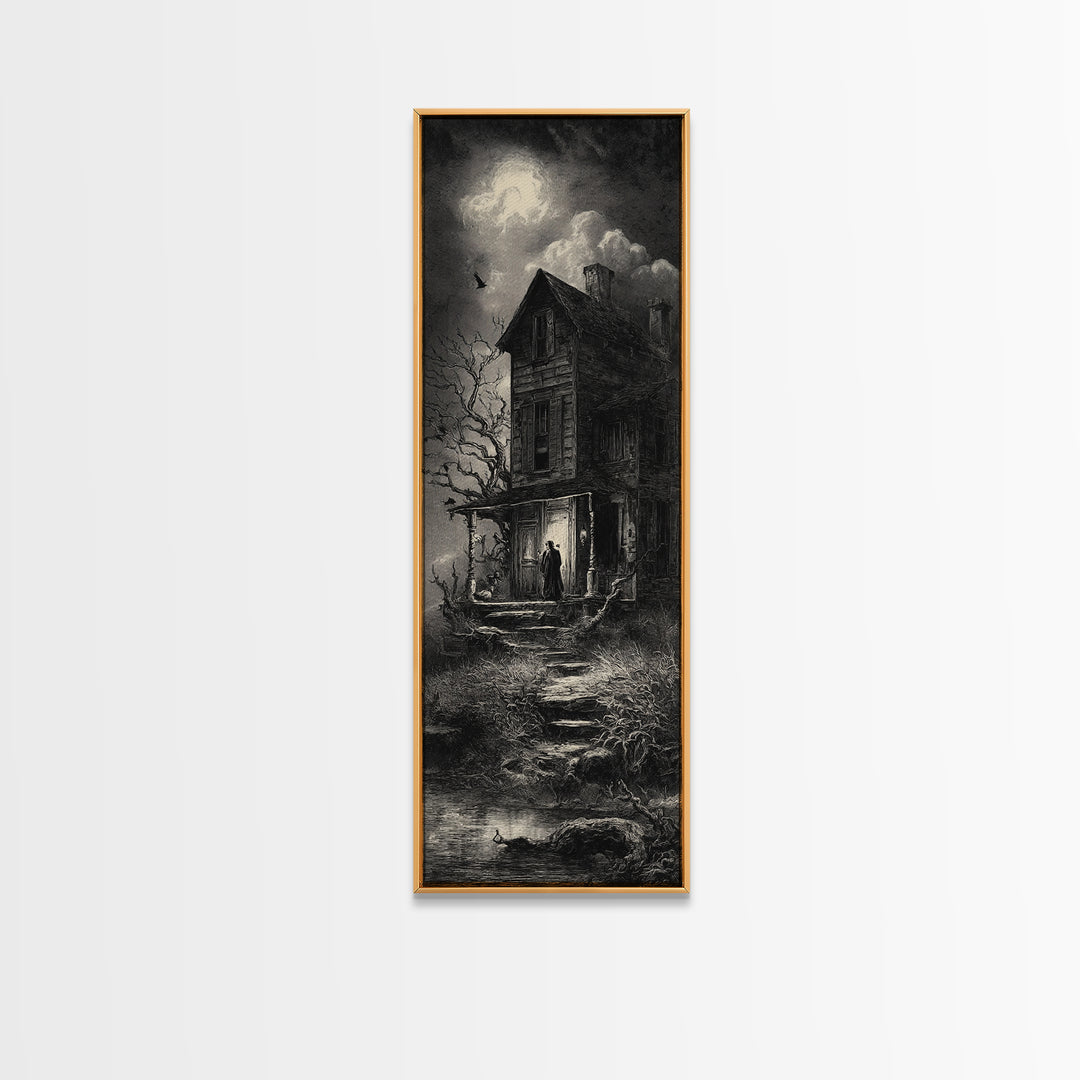 The Possessed Farmhouse, Gothic Engraving Art, Tall Narrow Wall Art, Macabre Wall Art, Canvas Print, Halloween Wall Art