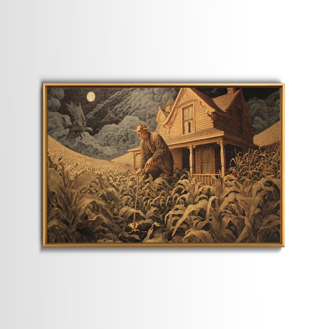 The Possessed Farmhouse, Medieval Grotesque Art, Landscape Wall Art, Dark Halloween Decor, Framed Canvas Print, Halloween Wall Art