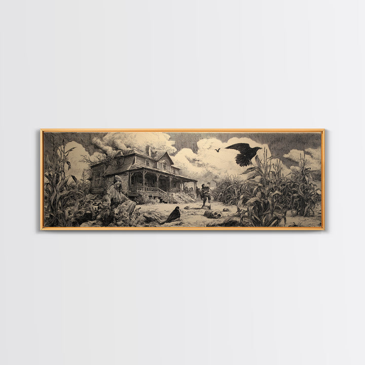 The Possessed Farmhouse, Renaissance Engraving Art, Extra Wide Wall Art, Dark Halloween Decor, Framed Canvas Print, Halloween Wall Art