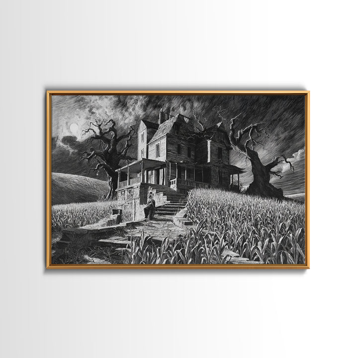 The Possessed Farmhouse, Architectural Etching Art, Landscape Wall Art, Macabre Wall Art, Framed Canvas Print
