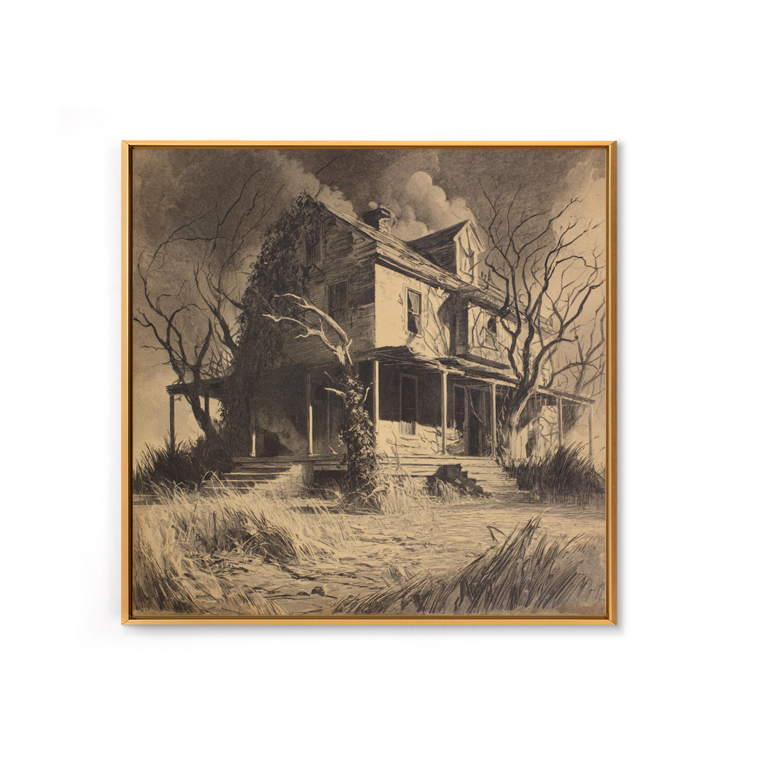The Possessed Farmhouse, Symbolist Dream Art, Square Wall Art, Dark Halloween Decor, Canvas Print, Halloween Wall Art