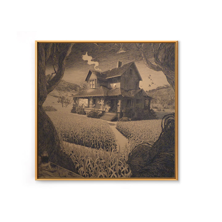 The Possessed Farmhouse, Symbolist Etching Art, Square Wall Art, Dark Halloween Decor, Framed Canvas Print, Halloween Wall Art