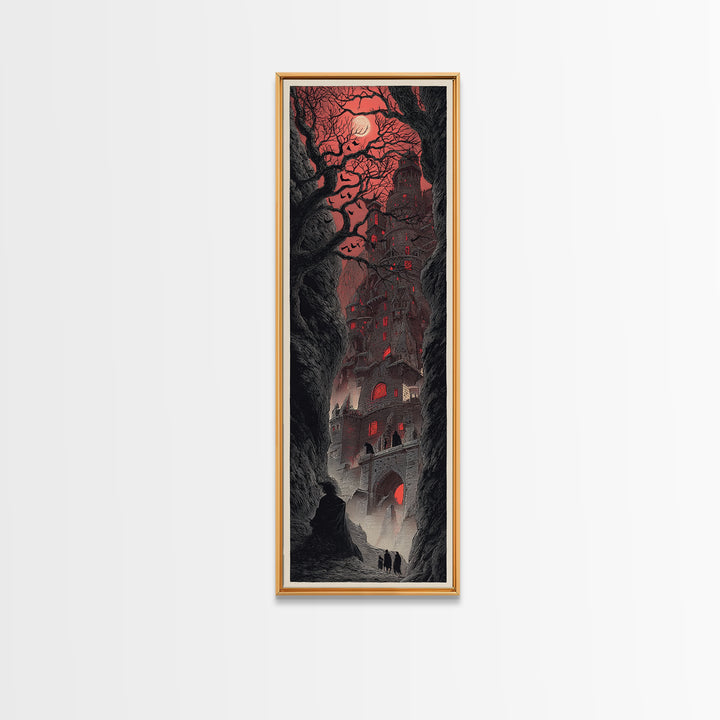 The Vampire Castle, Gothic Engraving Art, Tall Narrow Wall Art, Dark Halloween Decor, Canvas Print, Halloween Wall Art