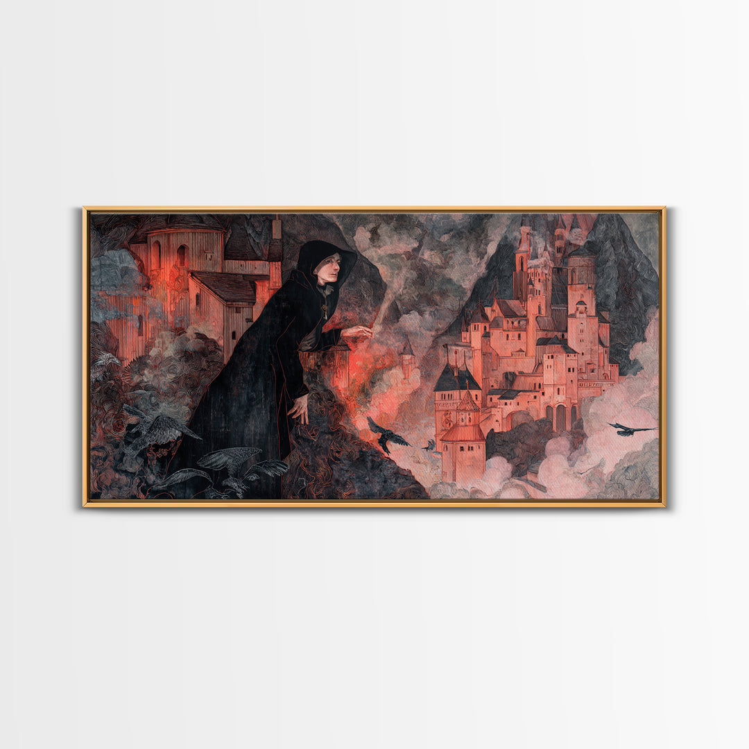 The Vampire Castle, Medieval Grotesque Art, Wide Panoramic Art, Gothic Horror Wall Art, Framed Canvas Print, Halloween Wall Art