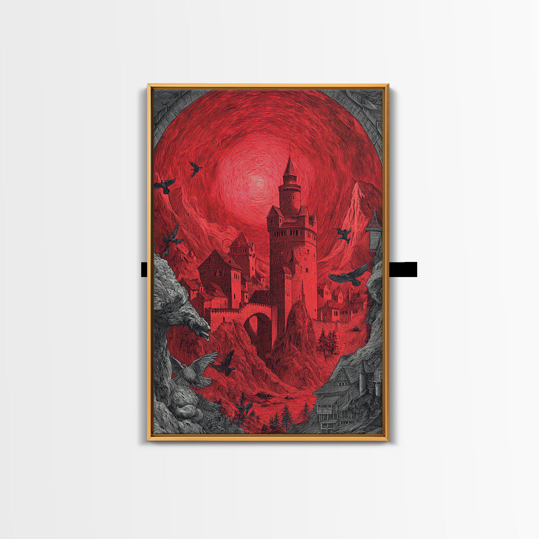 The Vampire Castle, Renaissance Engraving Art, Vertical Wall Art, Dark Halloween Decor, Framed Canvas Print, Halloween Wall Art