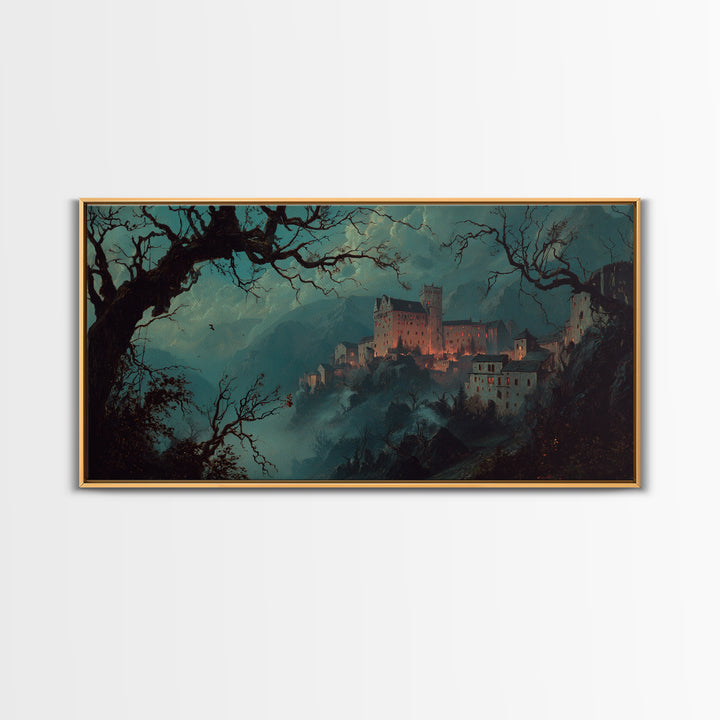 The Vampire Castle, Baroque Witchcraft Art, Wide Panoramic Art, Dark Fantasy Wall Art, Framed Canvas Print, Halloween Wall Art