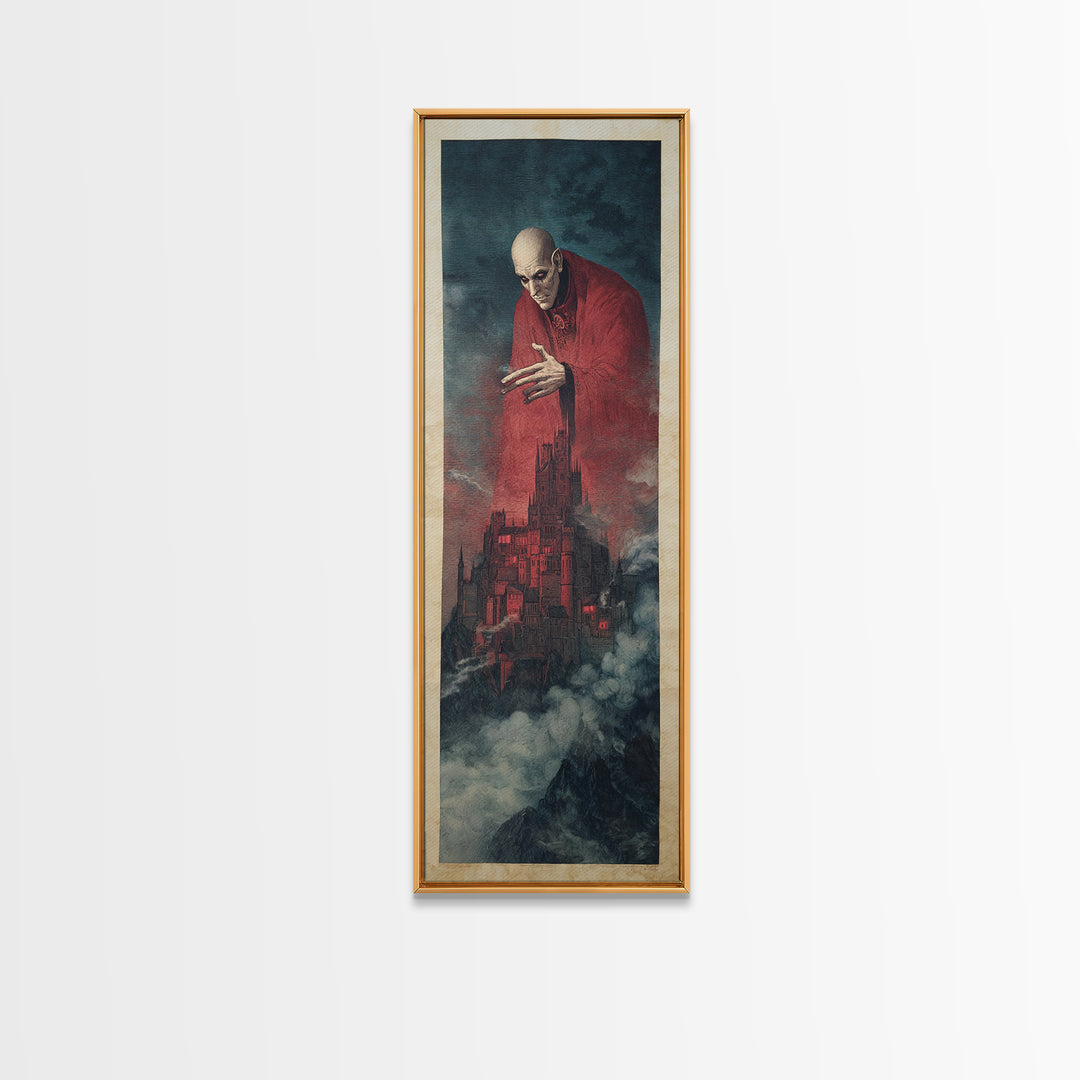 The Vampire Castle, Symbolist Etching Art, Tall Narrow Wall Art, Gothic Horror Wall Art, Framed Canvas Print, Halloween Wall Art