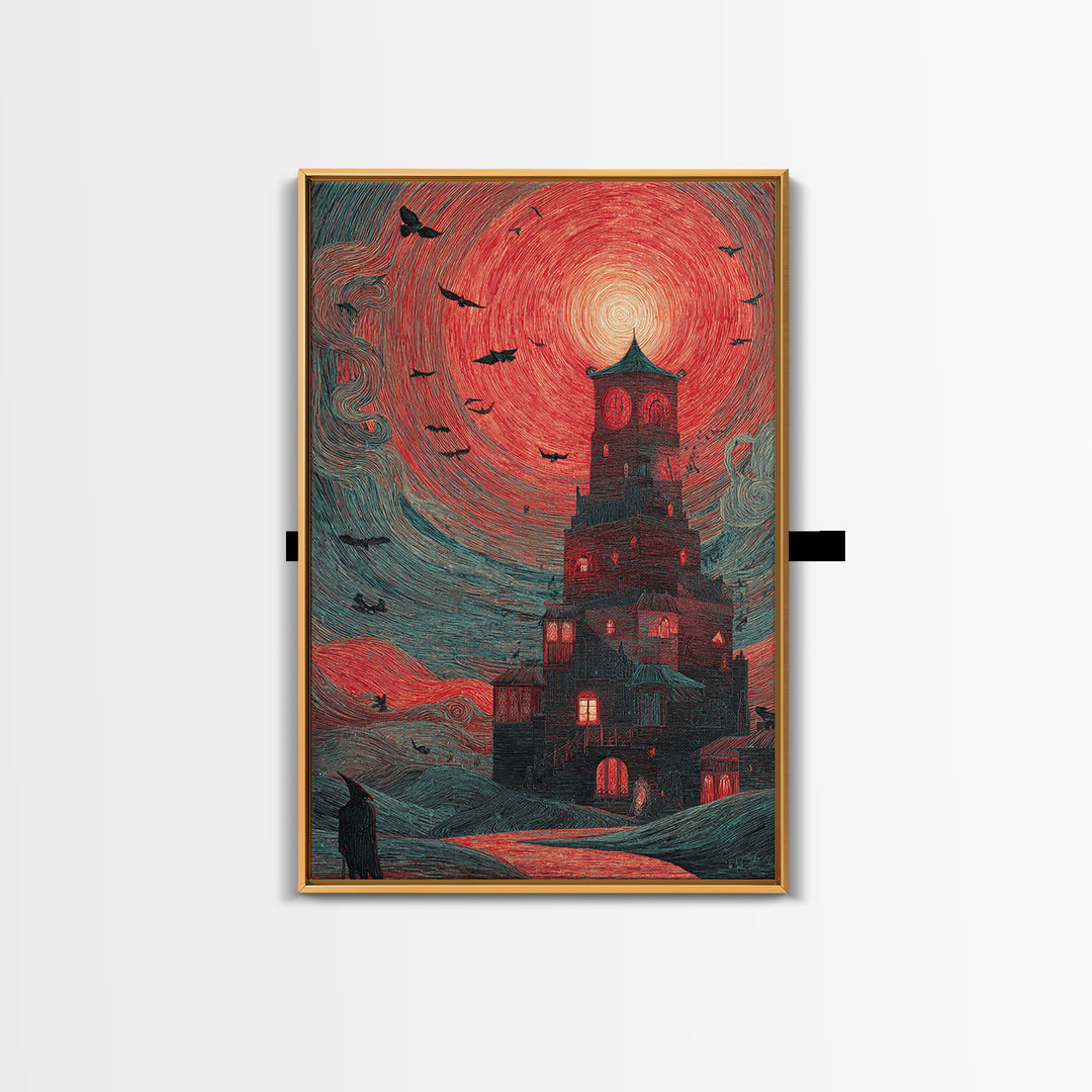 The Vampire Castle, Expressionist Gothic Art, Vertical Wall Art, Dark Halloween Decor, Canvas Print, Halloween Wall Art