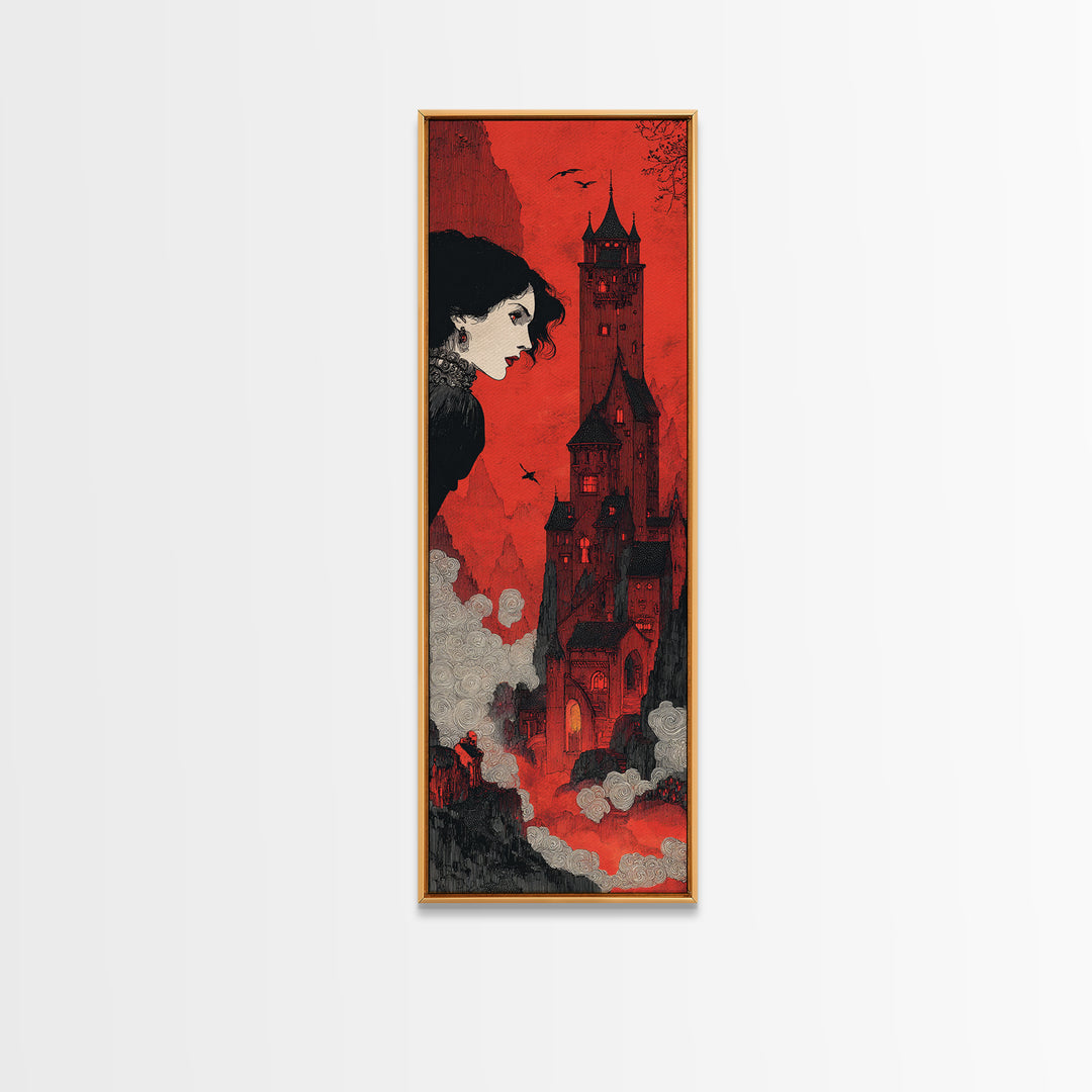 The Vampire Castle, Decadent Line Art, Tall Narrow Wall Art, Gothic Horror Wall Art, Framed Canvas Print, Halloween Wall Art