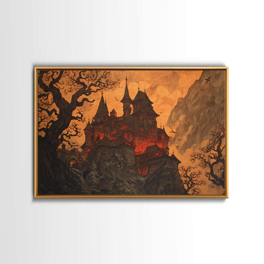 The Vampire Castle, Gothic Storybook Art, Landscape Wall Art, Dark Fantasy Wall Art, Framed Canvas Print, Halloween Wall Art