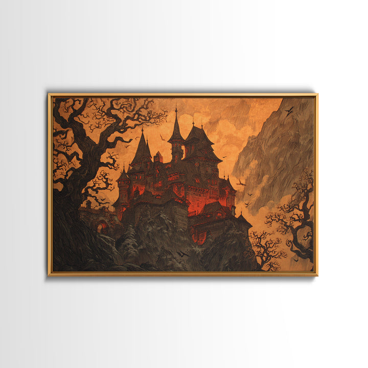 The Vampire Castle, Gothic Storybook Art, Landscape Wall Art, Dark Fantasy Wall Art, Framed Canvas Print, Halloween Wall Art