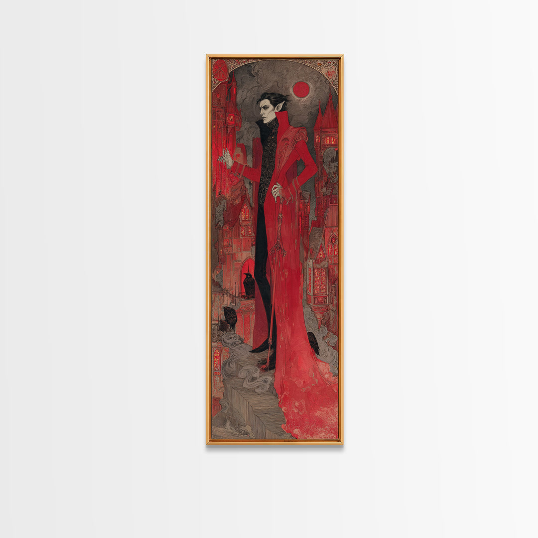 The Vampire Castle, Stained Glass Gothic Art, Tall Narrow Wall Art, Dark Halloween Decor, Canvas Print, Halloween Wall Art