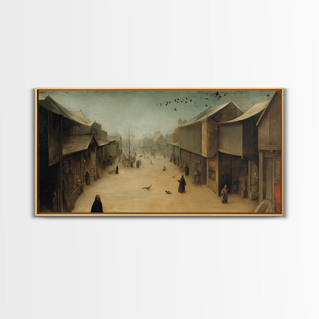 The Ghost Town Main Street, Northern Renaissance Horror, Wide Panoramic Art, Dark Halloween Decor, Framed Canvas Print
