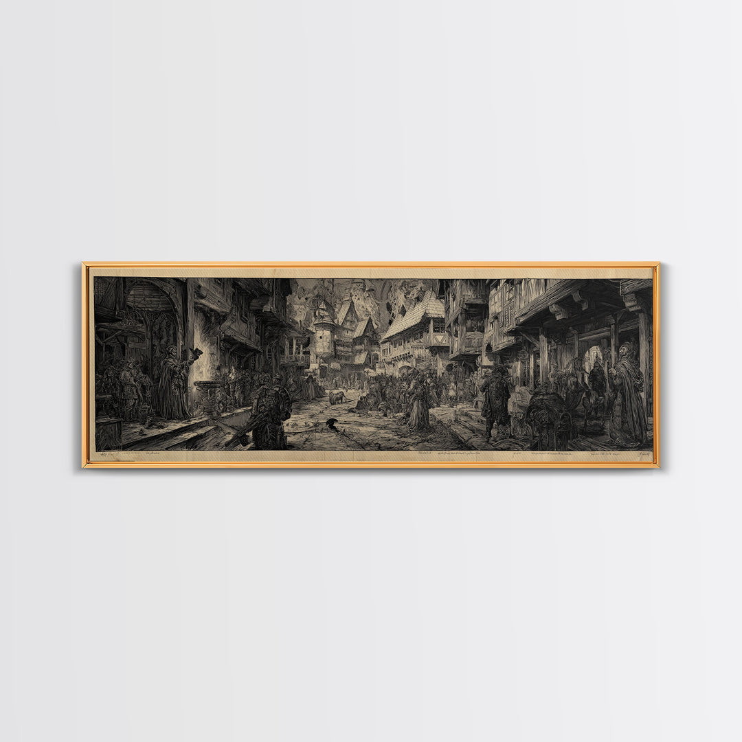 The Ghost Town Main Street, Renaissance Engraving Art, Extra Wide Wall Art, Dark Halloween Decor, Framed Canvas Print, Halloween Wall Art