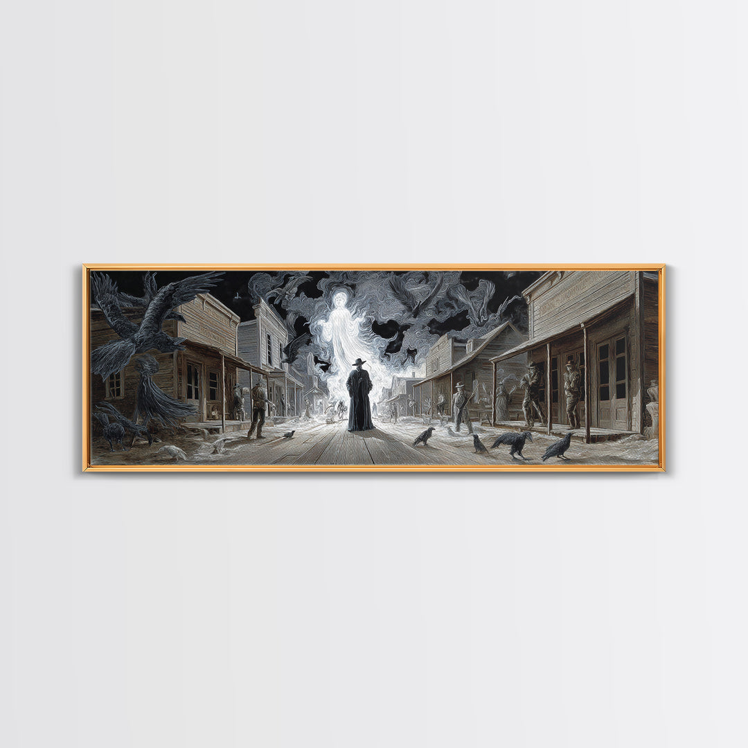 The Ghost Town Main Street, Visionary Gothic Art, Extra Wide Wall Art, Macabre Wall Art, Framed Canvas Print, Halloween Wall Art
