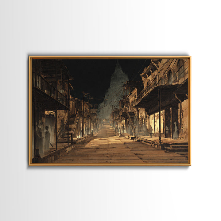 The Ghost Town Main Street, Architectural Etching Art, Landscape Wall Art, Dark Halloween Decor, Framed Canvas Print