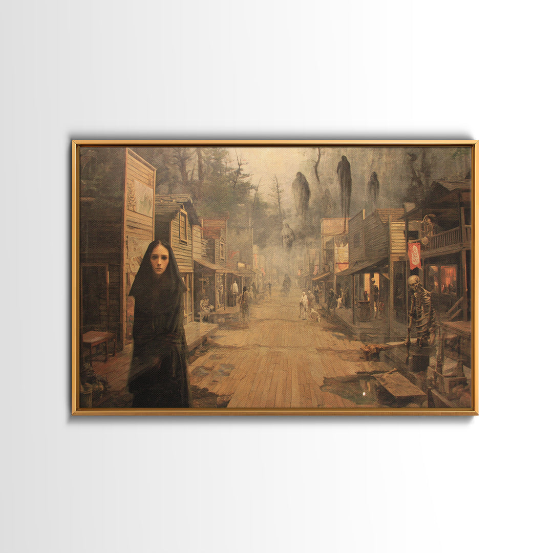 The Ghost Town Main Street, Symbolist Gothic Landscape, Landscape Wall Art, Macabre Wall Art, Framed Canvas Print, Halloween Wall Art