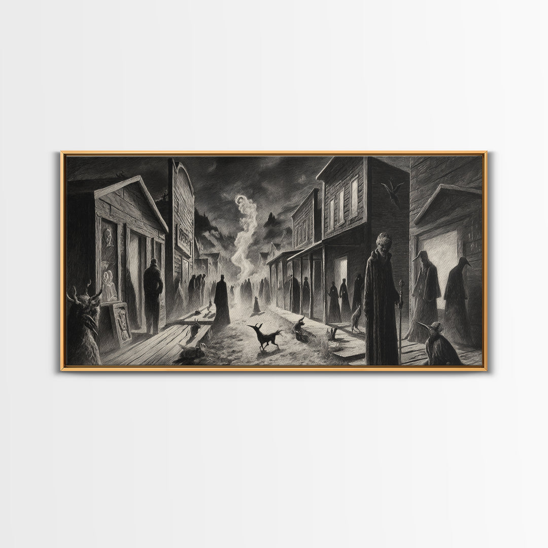 The Ghost Town Main Street, Expressionist Nightmare Art, Wide Panoramic Art, Dark Halloween Decor, Framed Canvas Print, Halloween Wall Art