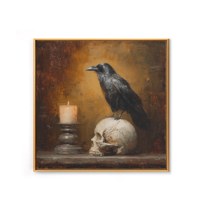 Raven Perched on a Skull Canvas Print, Dark Art, Room Decor, Living Room Decor, Fine Art, Nocturne, Digital Art, DAR-1x1-25