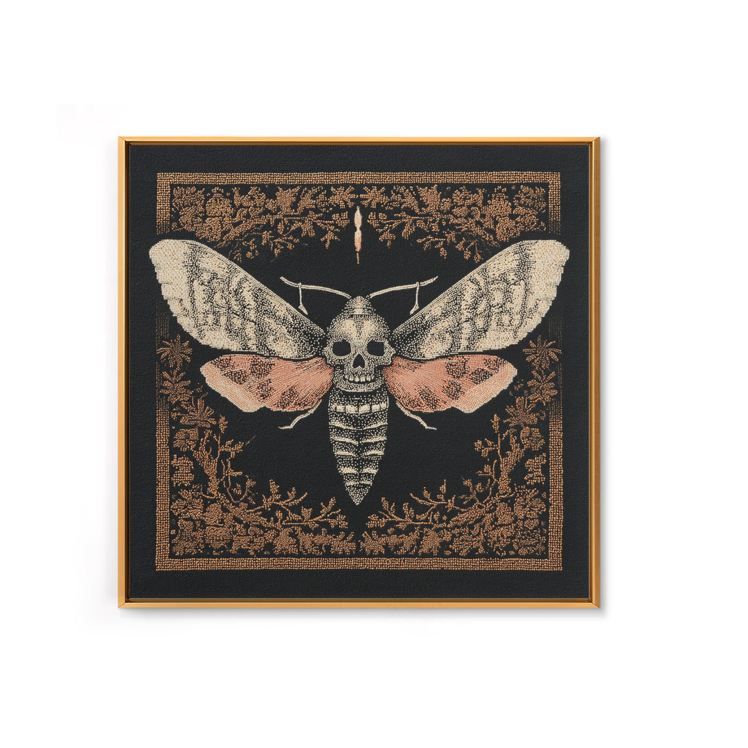 Moth with Skull Pattern on Black Ground Framed Canvas Print, Dark Art, Unique Wall Decor, Living Room Decor, Fine Art, Nocturne, DAR-1x1-39