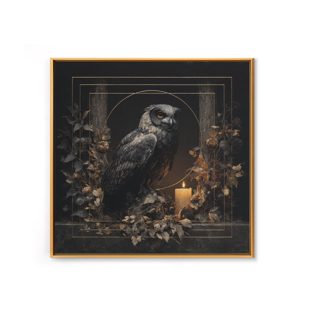 Owl in a Midnight Pine Forest Framed Canvas Print, Dark Art, Weird Art, Living Room Decor, Oil Painting, Nocturne, DAR-1x1-46