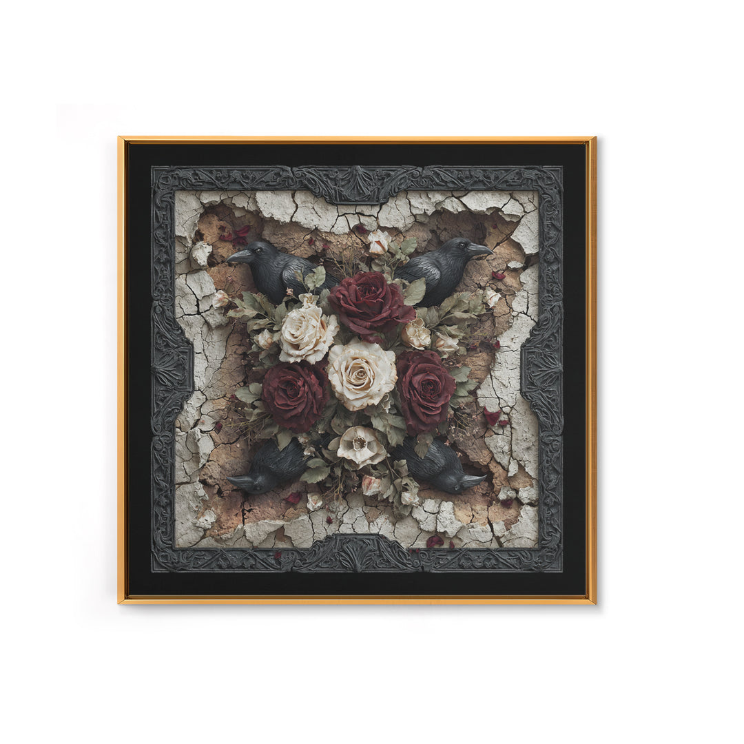 Black Roses Blooming from Cracked Stone Canvas Print, Dark Art, Fantasy Art, Living Room Decor, Fine Art, Nocturne, DAR-1x1-50