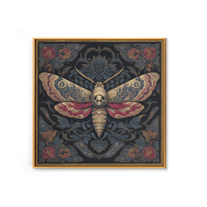 Moth with Skull Pattern on Black Ground Framed Canvas Print, Dark Art, Neutral Decor, Living Room Decor, Fine Art, Nocturne, DAR-1x1-63