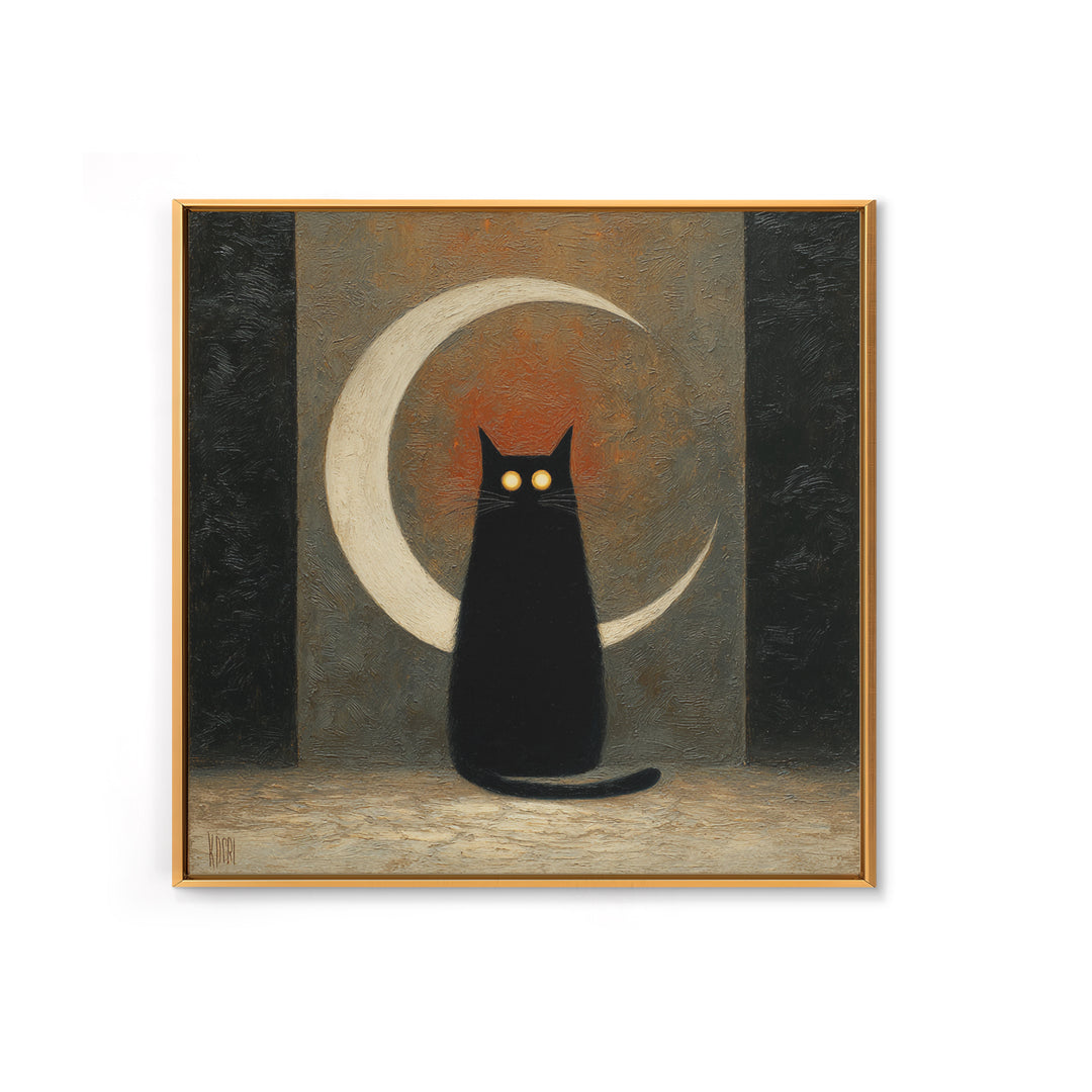 Black Cat with Glowing Eyes under Crescent Canvas Print, Dark Art, Statement Artwork, Living Room Decor, Fine Art, Nocturne, DAR-1x1-9