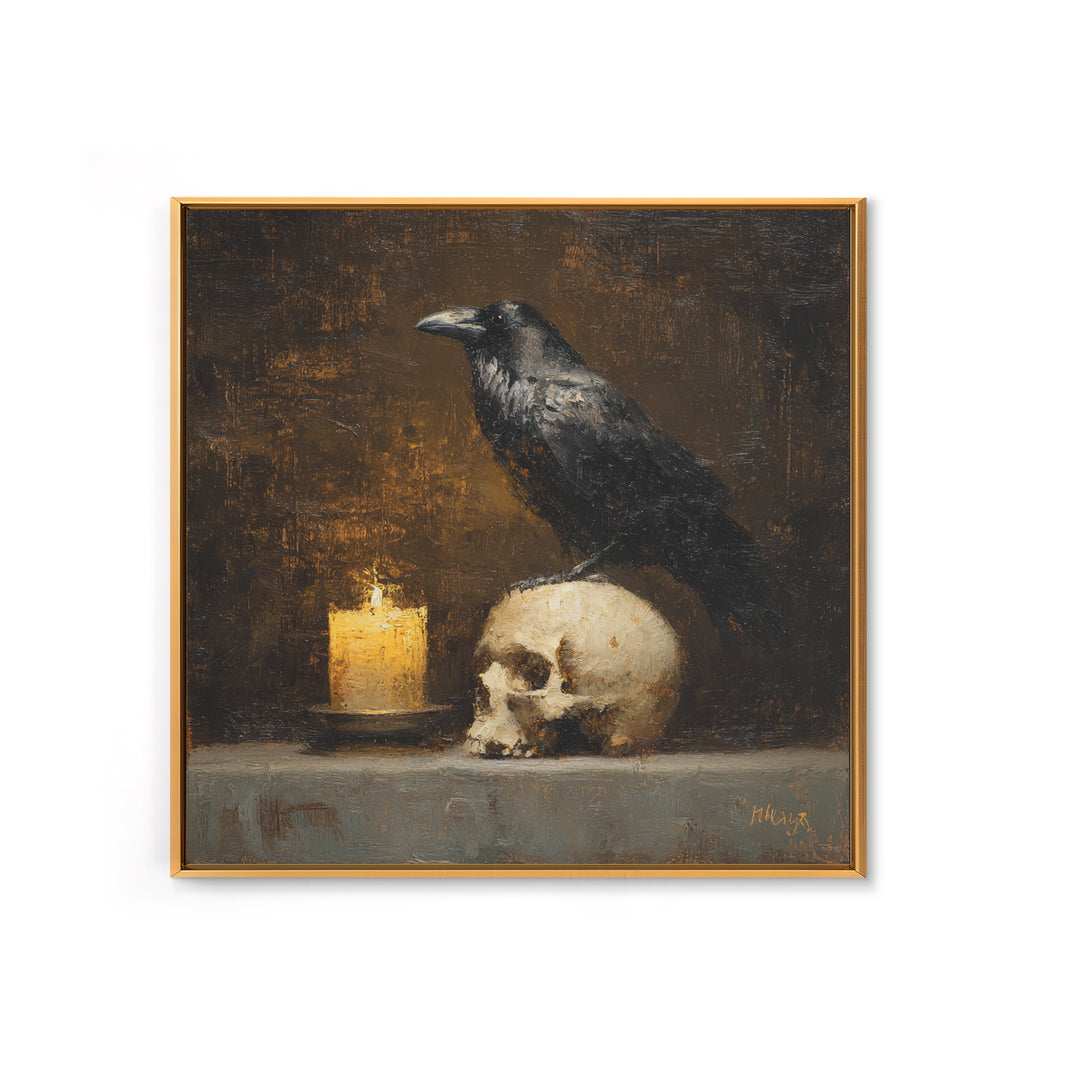 Raven Perched on a Skull Canvas Print, Dark Art, Art Print, Living Room Decor, Oil Painting, Nocturne, Halloween Art, DAR-1x1-97