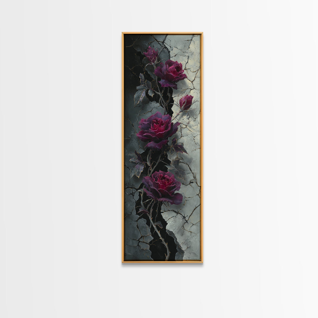 Black Roses Blooming from Cracked Stone Canvas Print, Dark Art, Gallery Decor, Living Room Decor, Fine Art, Nocturne, DAR-1x3-14