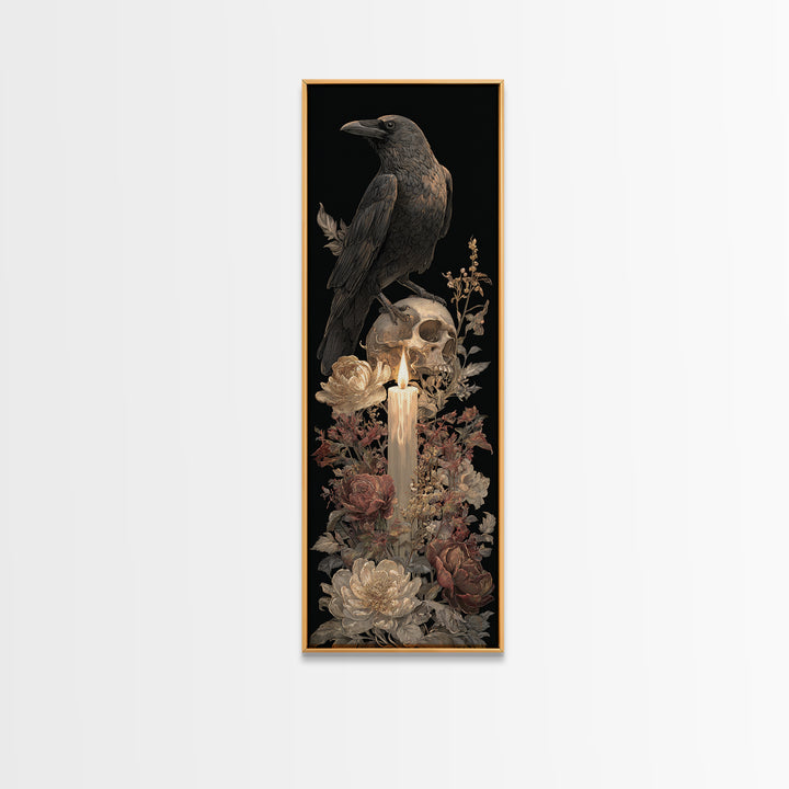 Raven Perched on a Skull Canvas Print, Dark Art, Minimalist Decor, Living Room Decor, Fine Art, Nocturne, Oil Painting, DAR-1x3-37