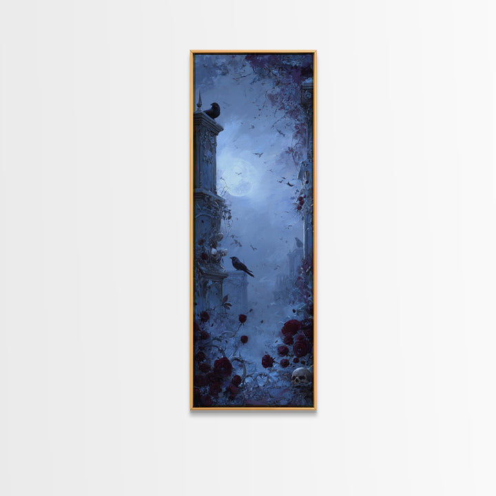 Silent Graveyard with Blue Moon Haze Framed Canvas Print, Dark Art, Horror Wall Art, Living Room Decor, Oil Painting, Nocturne, DAR-1x3-54