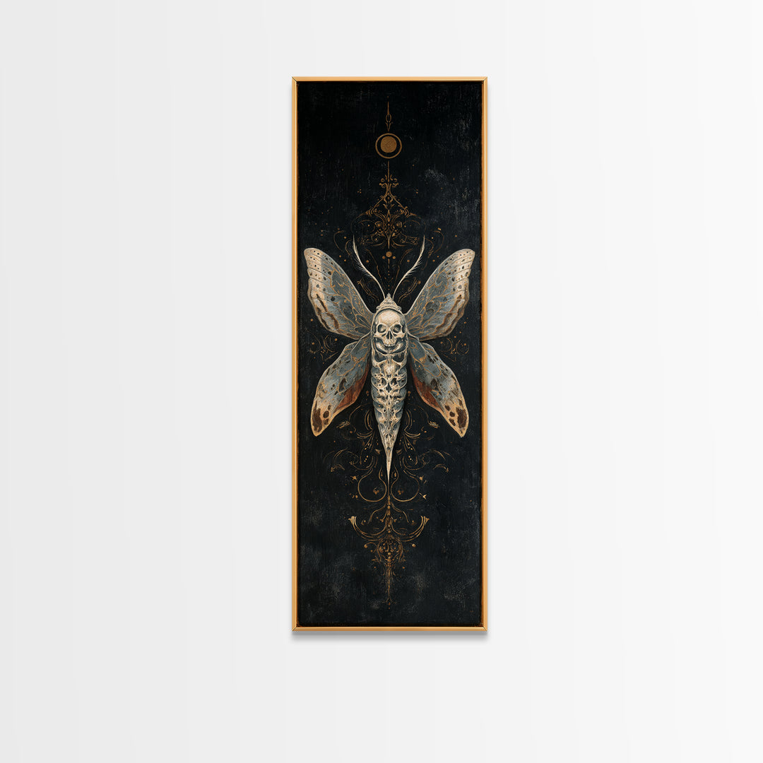 Moth with Skull Pattern on Black Ground Framed Canvas Print, Dark Art, Neutral Decor, Living Room Decor, Fine Art, Nocturne, DAR-1x3-75
