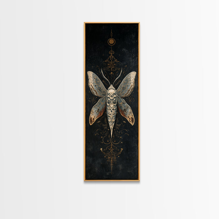 Moth with Skull Pattern on Black Ground Framed Canvas Print, Dark Art, Neutral Decor, Living Room Decor, Fine Art, Nocturne, DAR-1x3-75