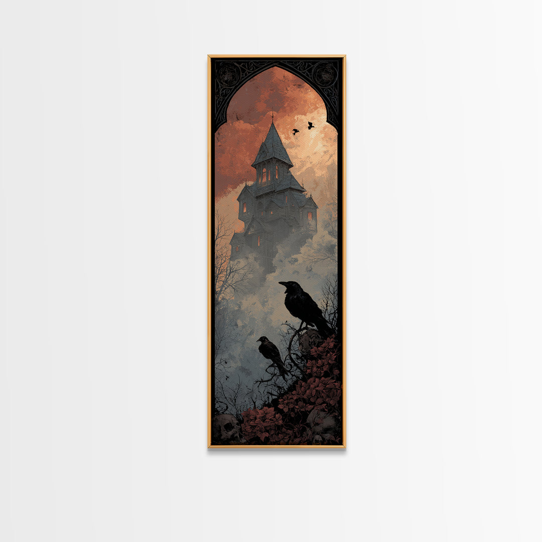 Haunted Mansion Silhouette on Distant Hill Canvas Print, Dark Art, Wall Art, Living Room Decor, Oil Painting, Nocturne, DAR-1x3-90