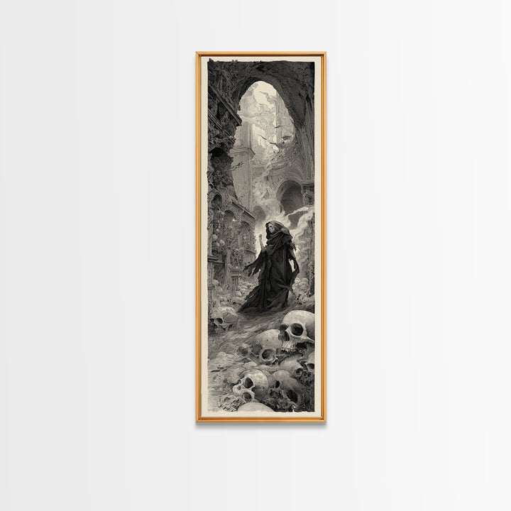 The Endless Catacombs, Gothic Engraving Art, Tall Narrow Wall Art, Dark Halloween Decor, Canvas Print, Halloween Wall Art