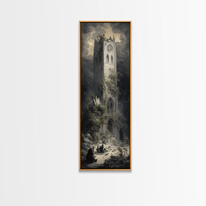 The Overgrown Chapel, Gothic Engraving Art, Tall Narrow Wall Art, Dark Halloween Decor, Canvas Print, Halloween Wall Art