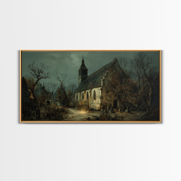 The Overgrown Chapel, Northern Renaissance Horror, Wide Panoramic Art, Dark Halloween Decor, Canvas Print, Halloween Wall Art