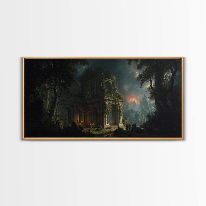 The Overgrown Chapel, Apocalyptic Romantic Art, Wide Panoramic Art, Dark Fantasy Wall Art, Framed Canvas Print, Halloween Wall Art