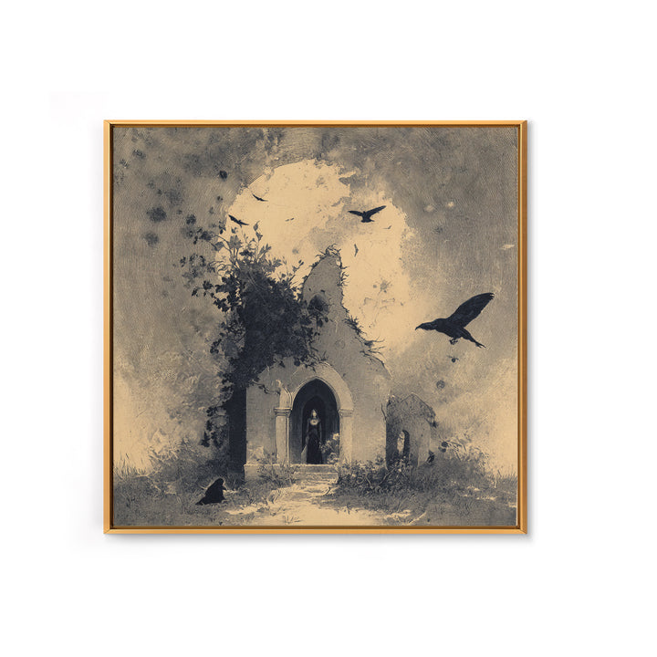 The Overgrown Chapel, Symbolist Dream Art, Square Wall Art, Dark Halloween Decor, Canvas Print, Halloween Wall Art