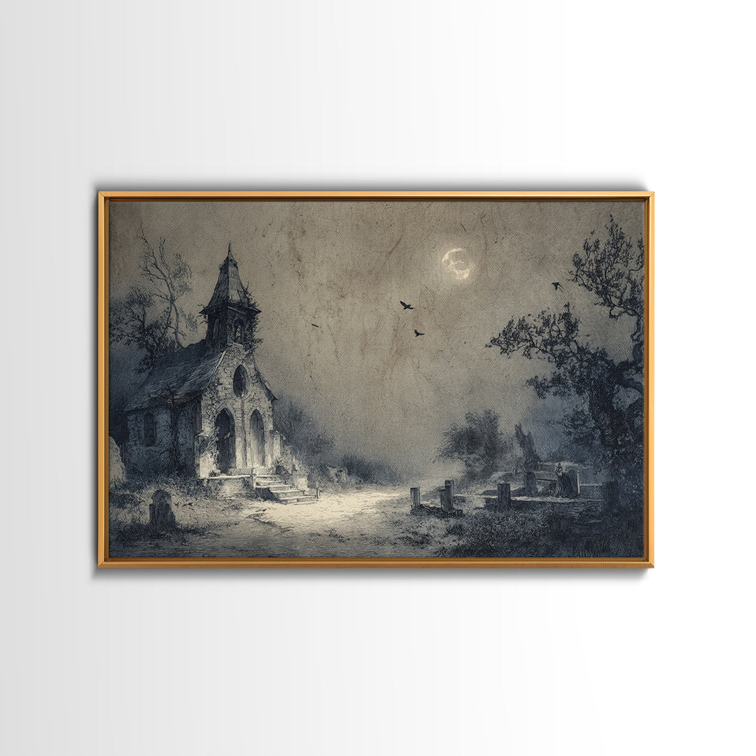 The Overgrown Chapel, Expressionist Nightmare Art, Landscape Wall Art, Macabre Wall Art, Framed Canvas Print, Halloween Wall Art
