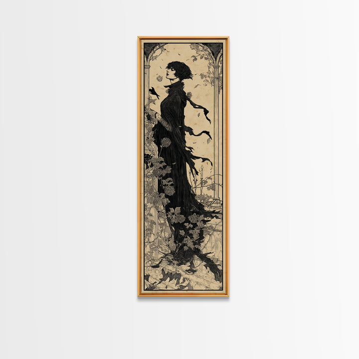 The Overgrown Chapel, Decadent Line Art, Tall Narrow Wall Art, Dark Fantasy Wall Art, Framed Canvas Print, Halloween Wall Art
