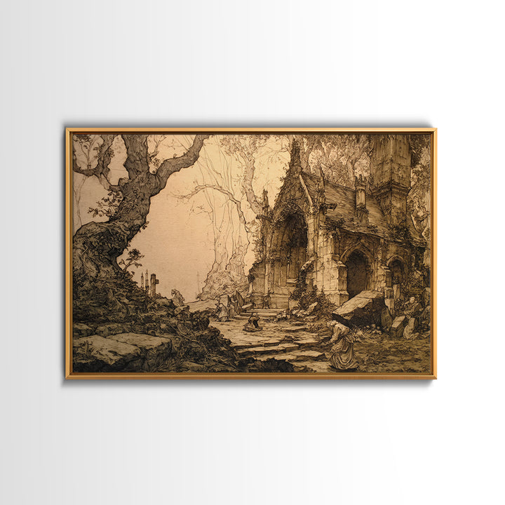 The Overgrown Chapel, Gothic Storybook Art, Landscape Wall Art, Macabre Wall Art, Framed Canvas Print, Halloween Wall Art