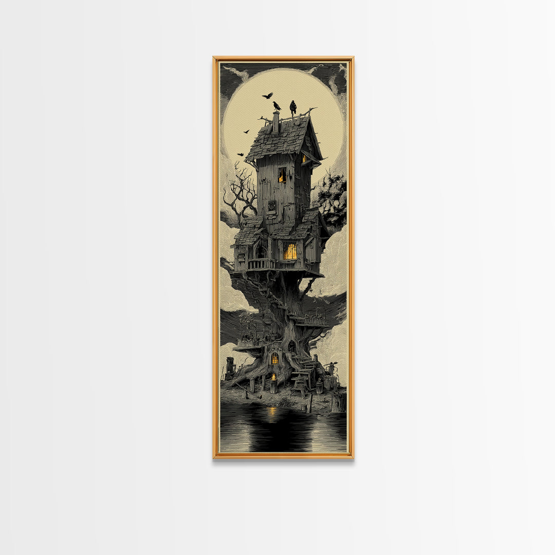 The Foggy Swamp Shack, Gothic Engraving Art, Tall Narrow Wall Art, Dark Halloween Decor, Framed Canvas Print, Halloween Wall Art