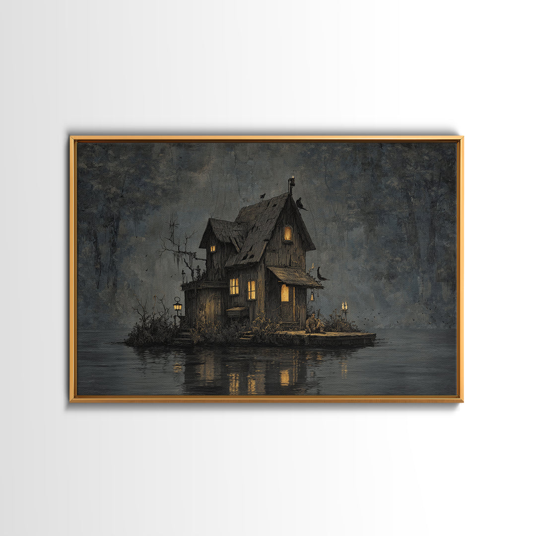 The Foggy Swamp Shack, Medieval Grotesque Art, Landscape Wall Art, Macabre Wall Art, Canvas Print, Halloween Wall Art